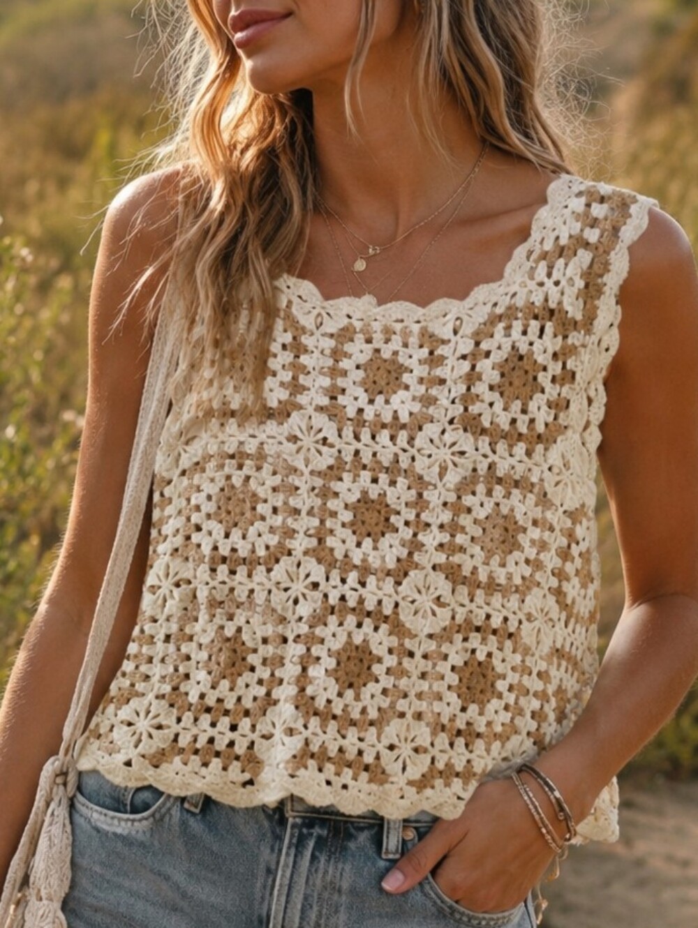 Gilli Crochet Square Tank Top in Cream and Tan